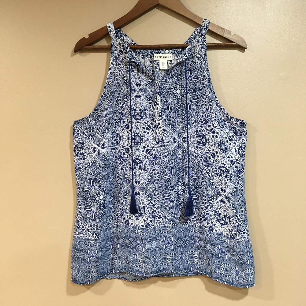 Artisan NY Paisley Halter Tank Top Womens L Blue White Boho Tassel Festival